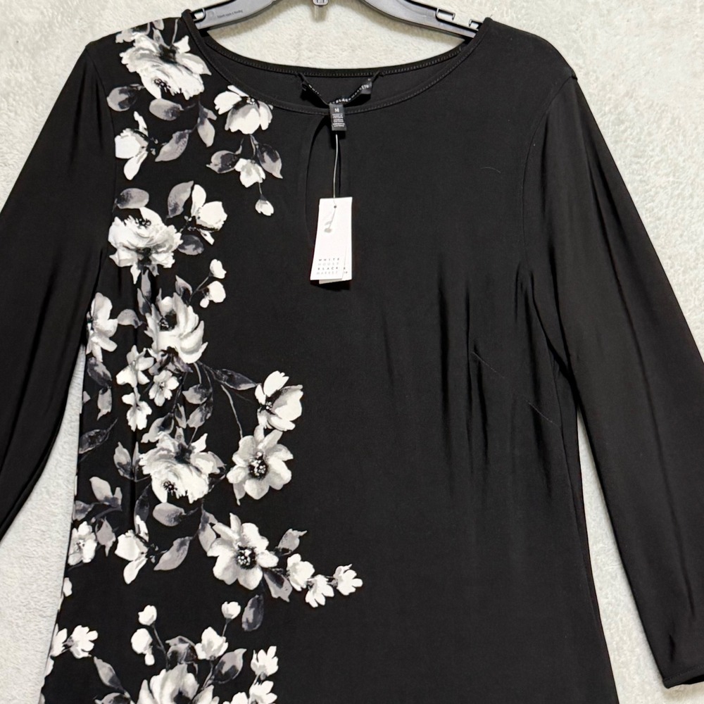 White House Black Market Floral Sheath Dress Women Size M Black Keyhole Stretch